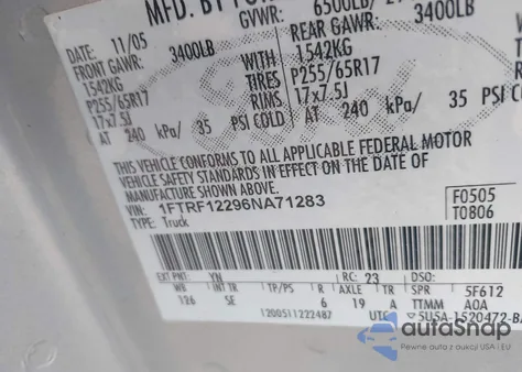 2006 Ford F-150 Stx/Xl/Xlt from USA, damaged, VIN 1FTRF12296NA71283